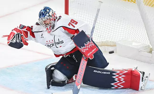Washington Capitals goaltender Charlie Lindgren (79) is scored on by Montreal Canadiens' Kirby Dach, not pictured, during the second period of an NHL hockey game in Montreal, Saturday, Feb. 28, 2026. (Graham Hughes/The Canadian Press via AP)