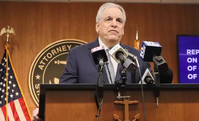 Rhode Island Attorney General Peter Neronha speaks during a press conference at the Rhode Island Attorney General's Office in Providence, R.I., on Wednesday, March 4, 2026. (AP Photo/Leah Willingham)