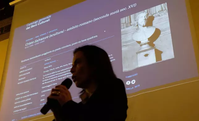 Italian researcher Valentina Salerno speaks to journalists in Rome, Wednesday, March 4, 2026, as the sculpted bust held inside the Basilica of Saint Agnes Outside the Walls in light of new studies, may be reattributed to Michelangelo Buonarroti. (AP Photo/Gregorio Borgia)