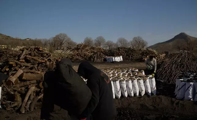 Workers prepare sacks of charcoal for transport at a traditional production site in Sarkand, Iraq, Thursday, March 12, 2026. (AP Photo/Leo Correa)