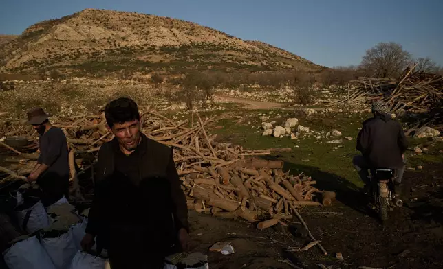 A worker carries a sack of charcoal to load onto a vehicle at a traditional production site in Sarkand, Iraq, Thursday, March 12, 2026. (AP Photo/Leo Correa)
