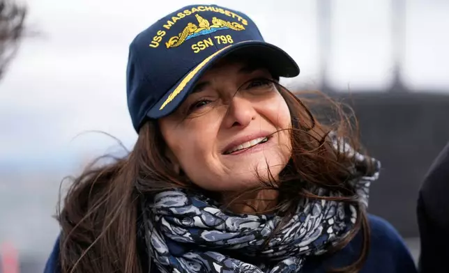 Sheryl Sandberg, the ship sponsor of the USS Massachusetts, attends a rehearsal ahead of the commissioning of the Navy's newest nuclear-powered attack submarine, Friday, March 27, 2026, in Boston. (AP Photo/Robert F. Bukaty)