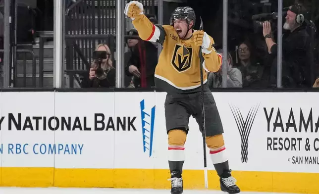 Vegas Golden Knights left wing Ivan Barbashev (49) celebrates after scoring against the Edmonton Oilers during the third period of an NHL hockey game Thursday, March 26, 2026, in Las Vegas. (AP Photo/John Locher)