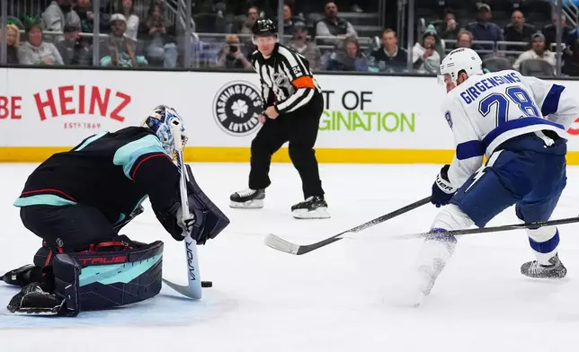 Seattle Kraken goaltender Philipp Grubauer makes a save against Tampa Bay Lightning center Zemgus Girgensons (28) during the second period of an NHL hockey game Tuesday, March 17, 2026, in Seattle. (AP Photo/Lindsey Wasson)