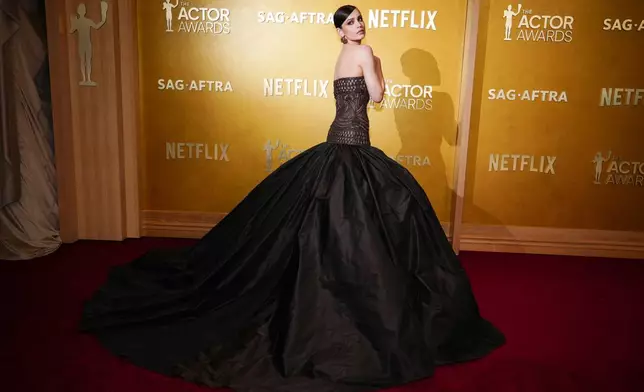 Sofia Carson arrives at the 32nd Annual Actor Awards on Sunday, March 1, 2026, at the Shrine Auditorium and Expo Hall in Los Angeles. (Photo by Jordan Strauss/Invision/AP)