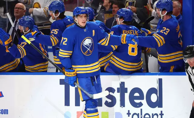 Buffalo Sabres center Tage Thompson (72) celebrates his goal during the second period of an NHL hockey game against the Vegas Golden Knights Tuesday, March 3, 2026, in Buffalo, N.Y. (AP Photo/Jeffrey T. Barnes)