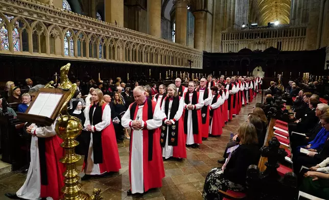 The Primates of the Anglican Communion arrive ahead of the Enthronement Ceremony installing Dame Sarah Mullally as the 106th Archbishop of Canterbury, at Canterbury Cathedral, England, Wednesday March 25, 2026. (Jordan Pettit, Pool Photo via AP)