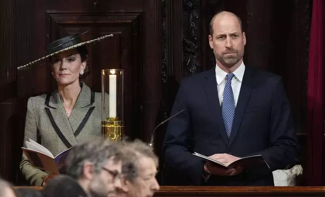 Britain's Princess Kate and Prince William during the Enthronement Ceremony installing Dame Sarah Mullally as the 106th Archbishop of Canterbury, at Canterbury Cathedral, England, Wednesday March 25, 2026. (Jordan Pettitt, Pool Photo via AP)
