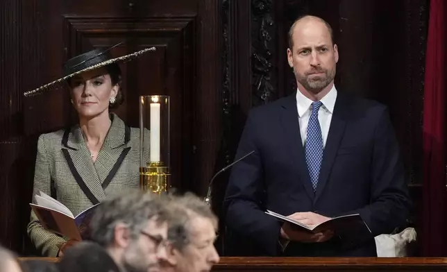 Britain's Princess Kate and Prince William during the Enthronement Ceremony installing Dame Sarah Mullally as the 106th Archbishop of Canterbury, at Canterbury Cathedral, England, Wednesday March 25, 2026. (Jordan Pettitt, Pool Photo via AP)