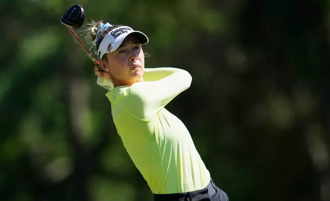Nelly Korda, of the United States, hits from the third tee during the final round of the LPGA Fortinet Founders Cup golf tournament, Sunday, March 22, 2026, in Menlo Park, Calif. (AP Photo/Godofredo A. Vásquez)