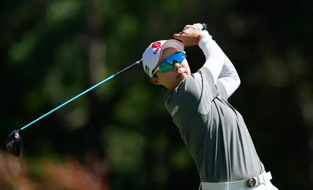 Hyo Joo Kim, of South Korea, hits from the third tee during the final round of the LPGA Fortinet Founders Cup golf tournament, Sunday, March 22, 2026, in Menlo Park, Calif. (AP Photo/Godofredo A. Vásquez)