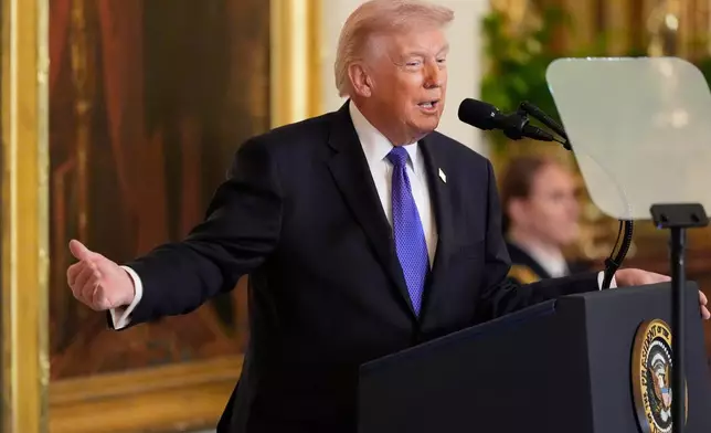 President Donald Trump speaks about the new ballroom construction before a Medal of Honor ceremony in the East Room of the White House, Monday, March 2, 2026, in Washington.(AP Photo/Mark Schiefelbein)