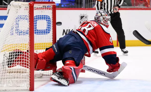 Washington Capitals goaltender Logan Thompson (48) looks for the puck during the second period of an NHL hockey game against the Utah Mammoth, Tuesday, March 3, 2026, in Washington. (AP Photo/Nick Wass)