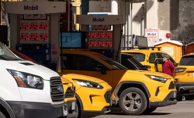 Signs show the gas prices at a gas station, Tuesday, March 10, 2026, in New York. (AP Photo/Yuki Iwamura)