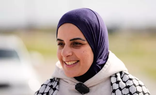 Leqaa Kordia speaks to members of the media, family and her legal team after being released from the Prairieland Detention Center in Alvarado, Texas, Monday, March 16, 2026. (AP Photo/Tony Gutierrez)