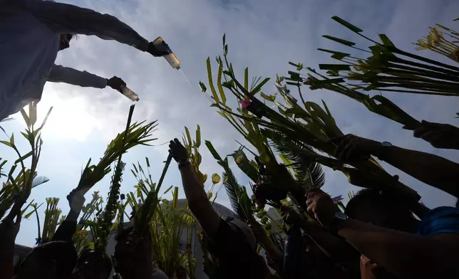 A church worker uses two bottles to sprinkle holy water on the palm fronds of devotees during blessing rites outside the Antipolo Cathedral in Antipolo city, Rizal province Philippines as they observe Palm Sunday, March 29, 2026. (AP Photo/Aaron Favila)