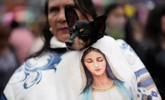 A woman and her dog attend a Mass on Palm Sunday, marking the start of Holy Week, at the Divine Child Church in Bogota, Colombia, Sunday, March 29, 2026. (AP Photo/Fernando Vergara)