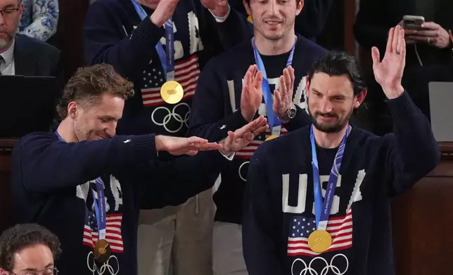 Members of the United States' hockey team attend as President Donald Trump delivers the State of the Union address to a joint session of Congress in the House chamber at the U.S. Capitol in Washington, Tuesday, Feb. 24, 2026. (AP Photo/Matt Rourke)
