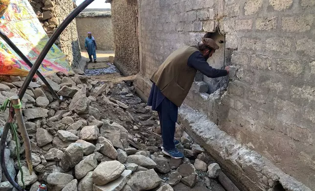 Villagers examine damages due to overnight cross border fighting between Pakistan and Afghan forces, at a village in Bajaur, a district of Pakistan's Khyber Pakhtunkhwa province bordering with Afghanistan, Friday, Feb. 27, 2026. (AP Photo)