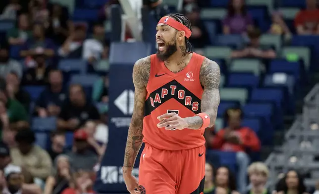 Toronto Raptors forward Brandon Ingram (3) reacts during the first half of an NBA basketball game against the New Orleans Pelicans in New Orleans, Wednesday, March 11, 2026. (AP Photo/Matthew Hinton)