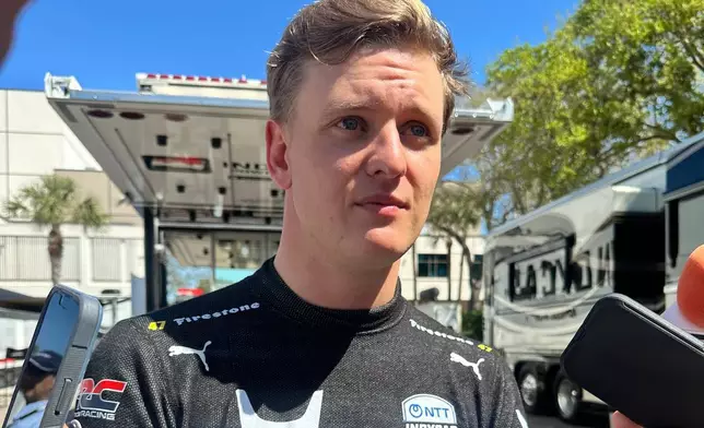 Mick Schumacher is pictured at the IndyCar race Sunday, March 1, 2026, in St. Petersburg, Fla., after he was involved in a crash on the first lap of the season-opening race. (AP Photo/Jenna Fryer)