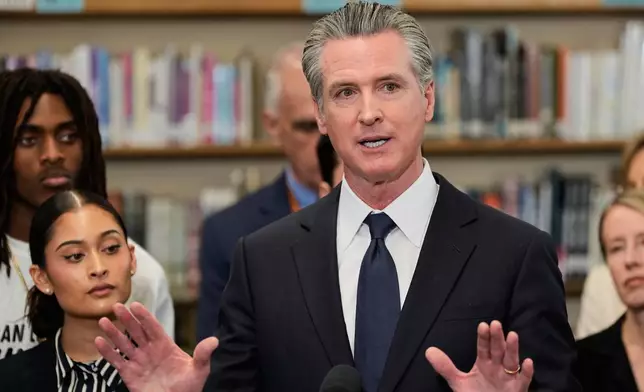 Governor Gavin Newsom speaks about the sexual assault allegations against Cesar Chavez during a press conference at San Lorenzo High School, Wednesday, March 18, 2026, in San Lorenzo, Calif. (AP Photo/Godofredo A. Vásquez)