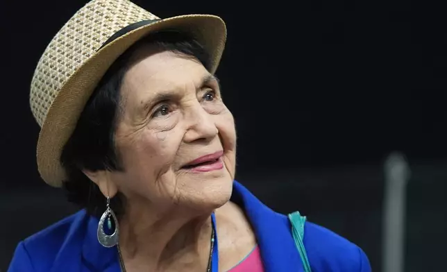 FILE - Dolores Huerta, the labor leader, civil rights activist and co-founder of the National Farm Workers Association, is seen at the California Democratic Party's 2025 State Convention at the Anaheim Convention Center in Anaheim, Calif., May 31, 2025. (AP Photo/Damian Dovarganes, File)
