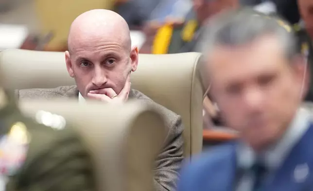 White House deputy chief of staff Stephen Miller listens during the inaugural Americas Counter Cartel Conference at U.S. Southern Command in Doral, Fla., Thursday, March 5, 2026. (AP Photo/Rebecca Blackwell)
