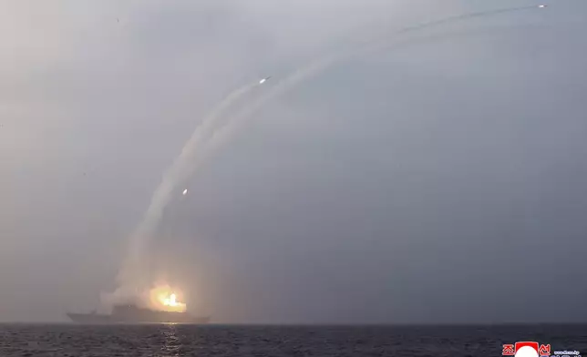 This photo provided by the North Korean government, shows what is says a test of cruise missiles from new destroyer Choe Hyon Wednesday, March 4, 2026. Independent journalists were not given access to cover the event depicted in this image distributed by the North Korean government. The content of this image is as provided and cannot be independently verified. Korean language watermark on image as provided by source reads: "KCNA" which is the abbreviation for Korean Central News Agency. (Korean Central News Agency/Korea News Service via AP)