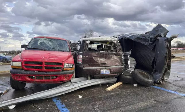 Damage is seen after a severe storm in Three Rivers, Mich., Friday, March 6, 2026. (Devin Anderson-Torrez/Jackson Citizen Patriot via AP)