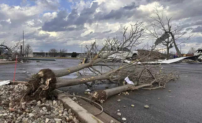 Damage is seen after a severe storm in Three Rivers, Mich., Friday, March 6, 2026. (Devin Anderson-Torrez/Jackson Citizen Patriot via AP)