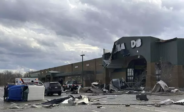 Damage is seen at Menard's store after a severe storm in Three Rivers, Mich., Friday, March 6, 2026. (Devin Anderson-Torrez/Jackson Citizen Patriot via AP)