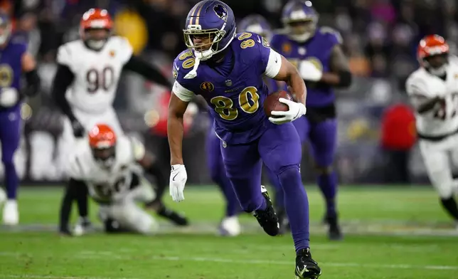 FILE - Baltimore Ravens tight end Isaiah Likely (80) in action during the first half of an NFL football game against the Cincinnati Bengals, Nov. 27, 2025, in Baltimore. (AP Photo/Nick Wass, File)