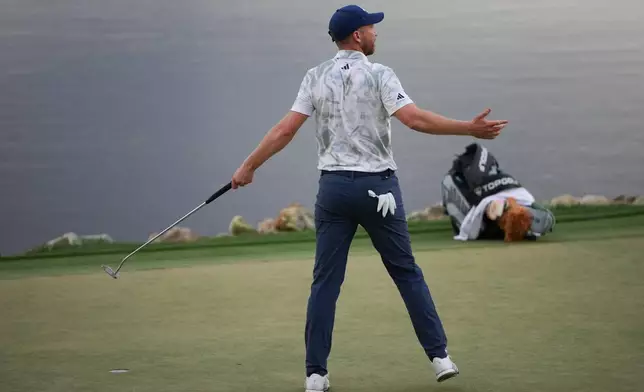 Daniel Berger reacts after making a putt on the 18th hole during the final round of the Arnold Palmer Invitational at Bay Hill golf tournament Sunday, March 8, 2026, in Orlando, Fla. (AP Photo/Matt Slocum)