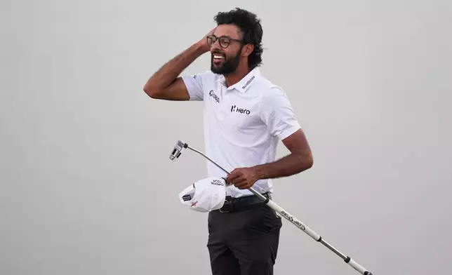 Akshay Bhatia reacts after winning his playoff against Daniel Berger at the Arnold Palmer Invitational at Bay Hill golf tournament Sunday, March 8, 2026, in Orlando, Fla. (AP Photo/Matt Slocum)