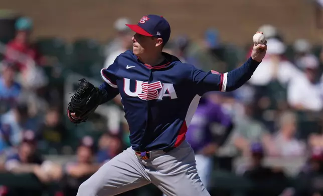 United States starting pitcher Ryan Yarbrough throws against the Colorado Rockies during the first inning of an exhibition baseball game Wednesday, March 4, 2026, in Scottsdale, Ariz. (AP Photo/Ross D. Franklin)