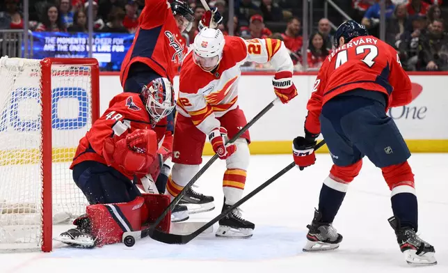 Calgary Flames center Ryan Strome (22) battles for the puck against Washington Capitals goaltender Logan Thompson (48) and defenseman Martin Fehérváry, right, during the second period of an NHL hockey game, Monday, March 9, 2026, in Washington. (AP Photo/Nick Wass)