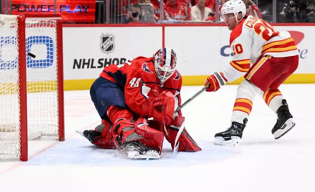 Calgary Flames left wing Blake Coleman, right, scores a goal against Washington Capitals goaltender Logan Thompson (48) during the second period of an NHL hockey game, Monday, March 9, 2026, in Washington. (AP Photo/Nick Wass)