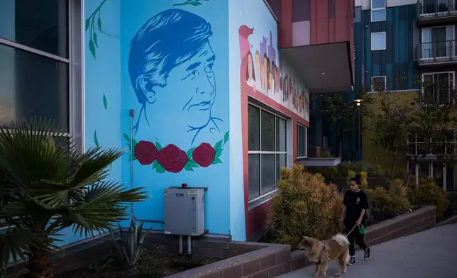 A woman and her dog walk past a mural of Cesar Chavez outside the Cesar Chavez Foundation office in Los Angeles, Wednesday, March 18, 2026. (AP Photo/Jae C. Hong)