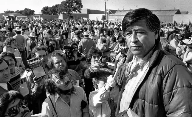 FILE - United Farm Workers President Cesar Chavez talks to striking Salinas Valley farmworkers during a large rally in Salinas, Calif., on March 7, 1979. (AP Photo/Paul Sakuma, File)