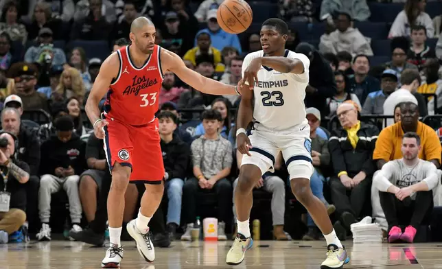 Memphis Grizzlies forward Cedric Coward (23) passes the ball ahead of Los Angeles Clippers forward Nicolas Batum (33) in the first half of an NBA basketball game Saturday, March 7, 2026, in Memphis, Tenn. (AP Photo/Brandon Dill)