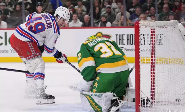 New York Rangers right wing Jaroslav Chmelar (49) scores a goal past Minnesota Wild goaltender Filip Gustavsson (32) during the second period of an NHL hockey game, Saturday, March 14, 2026, in St. Paul, Minn. (AP Photo/Abbie Parr)