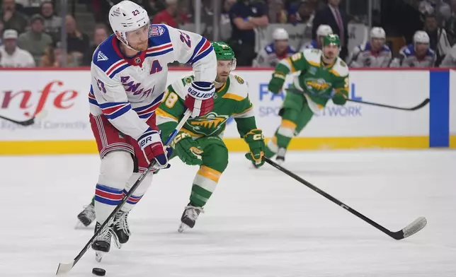 New York Rangers defenseman Adam Fox (23) skates with the puck during the first period of an NHL hockey game against the Minnesota Wild, Saturday, March 14, 2026, in St. Paul, Minn. (AP Photo/Abbie Parr)