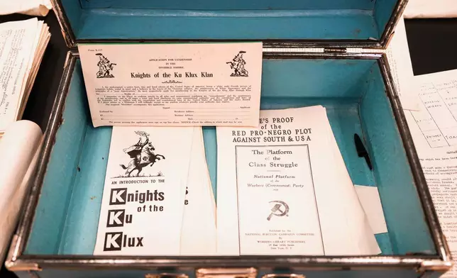 This photo provided by the Mississippi Department of Archives &amp; History shows a briefcase containing Ku Klux Klan-related items Thursday, March 19, 2026, in Jackson, Miss., found inside a closet in the Mississippi Department of Public Safety as employees were preparing to move. (Mississippi Department of Archives &amp; History via AP)