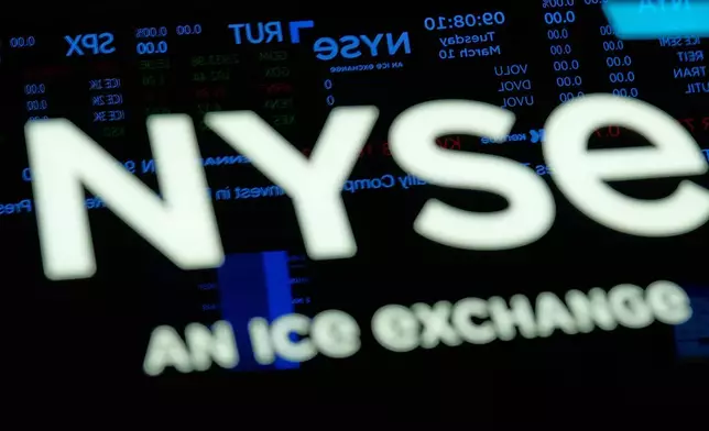 Screens display financial information on the floor at the New York Stock Exchange in New York, Tuesday, March 10, 2026. (AP Photo/Seth Wenig)