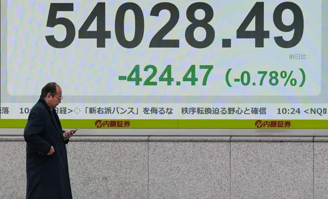 A person walks in front of an electronic stock board showing Japan's Nikkei index at a securities firm Friday, March 13, 2026, in Tokyo. (AP Photo/Eugene Hoshiko)