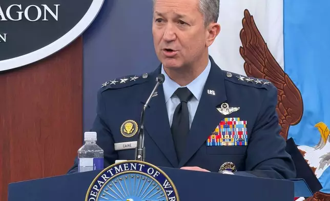 Chairman of the Joint Chiefs of Staff Gen. Dan Caine, speaks during a press briefing at the Pentagon, Wednesday, March 4, 2026, in Washington. (AP Photo/Konstantin Toropin)
