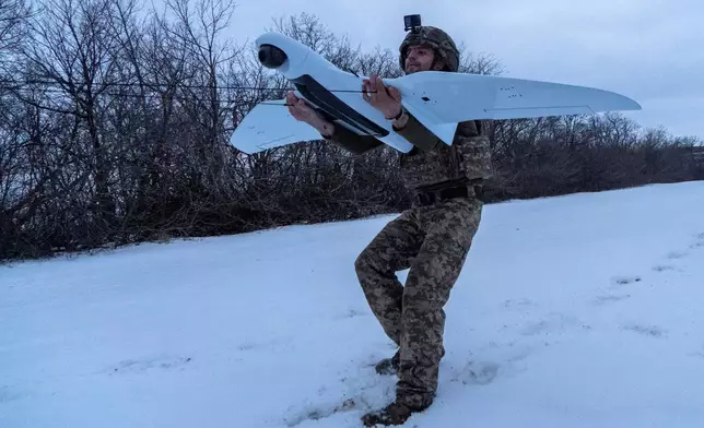 A Ukrainian soldier of the 48th separate brigade launches a reconnaissance drone in Kharkiv region, Ukraine, Wednesday, March 4, 2026. (AP Photo/Andrii Marienko)