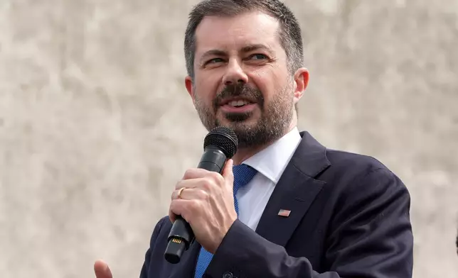Former U.S. Sec. Transportation Pete Buttigieg speaks ahead of the 61st Bloody Sunday Anniversary march, Sunday, March 8, 2026, in Selma, Ala. (AP Photo/Mike Stewart)