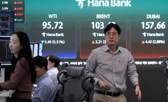 A currency trader passes by a screen showing international oil prices at the foreign exchange dealing room of the Hana Bank headquarters in Seoul, South Korea, Wednesday, March 18, 2026. (AP Photo/Ahn Young-joon)